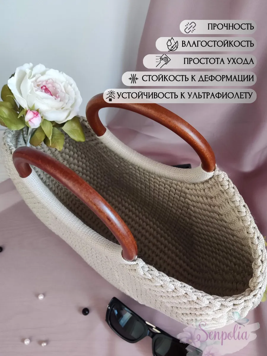 Сумка женская пляжная с деревянными круглыми ручками, вязаная, летняя, цвет «Бежевый» ручной работы Senpolia Фиалка — фото 5